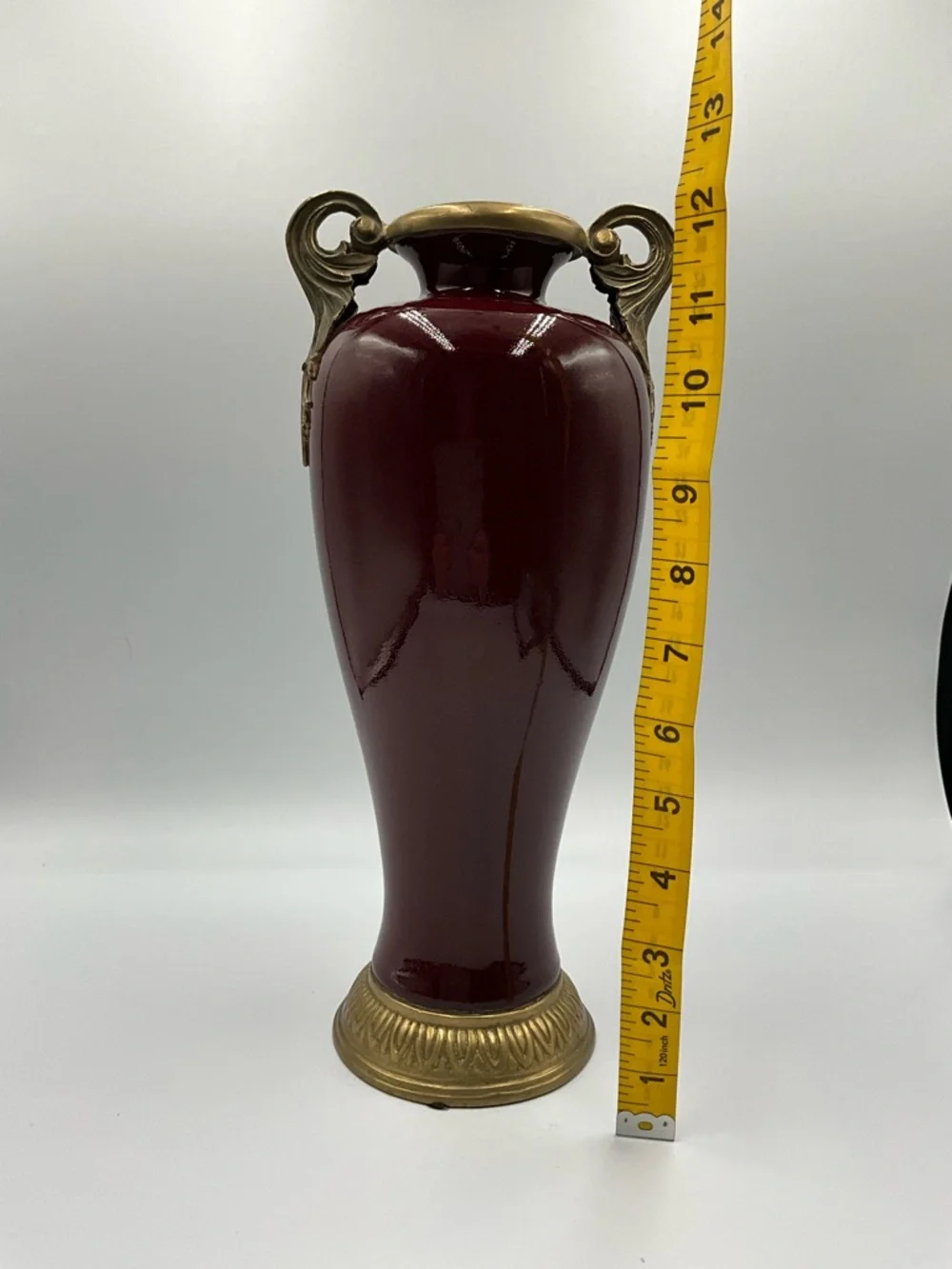 Vintage Porcelain Vase Oxblood Red Glaze Gilt Bronze Mounts Scroll Handles